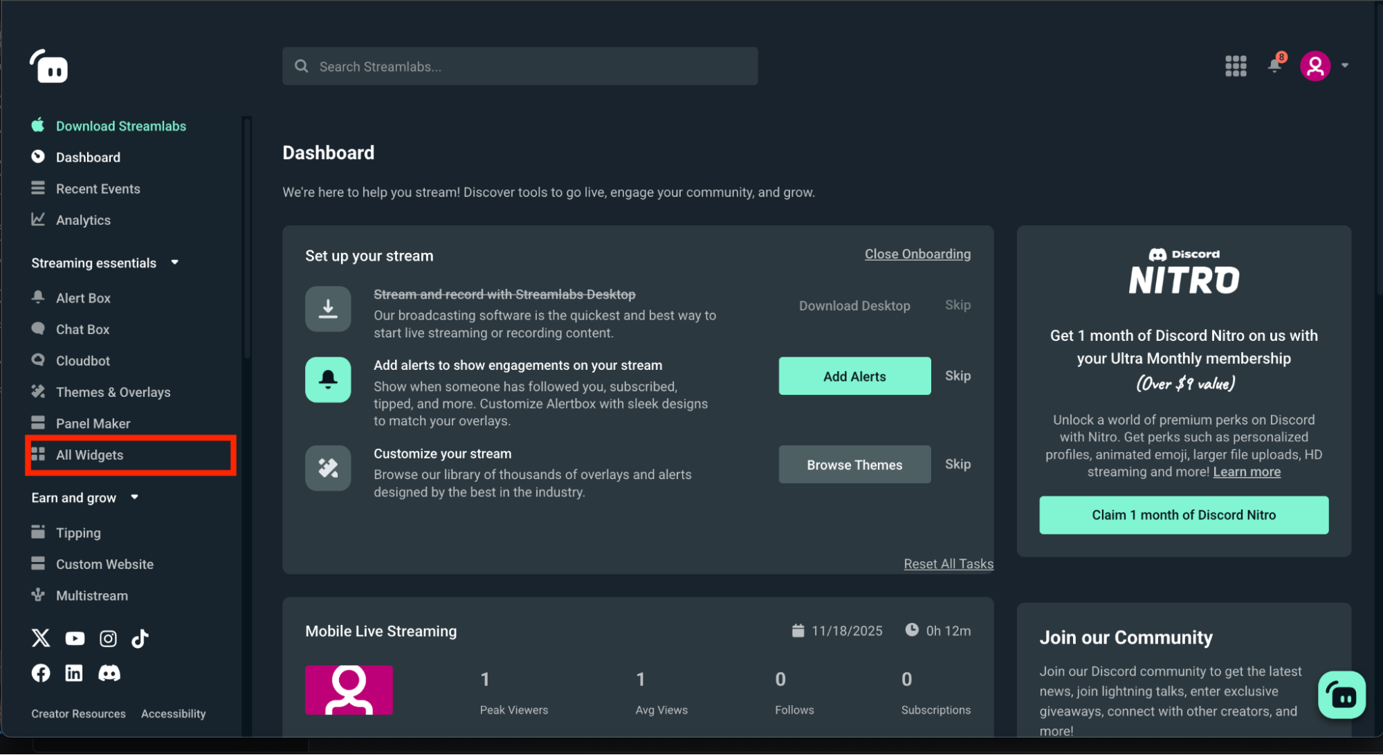 streamlabs web dashboard main view